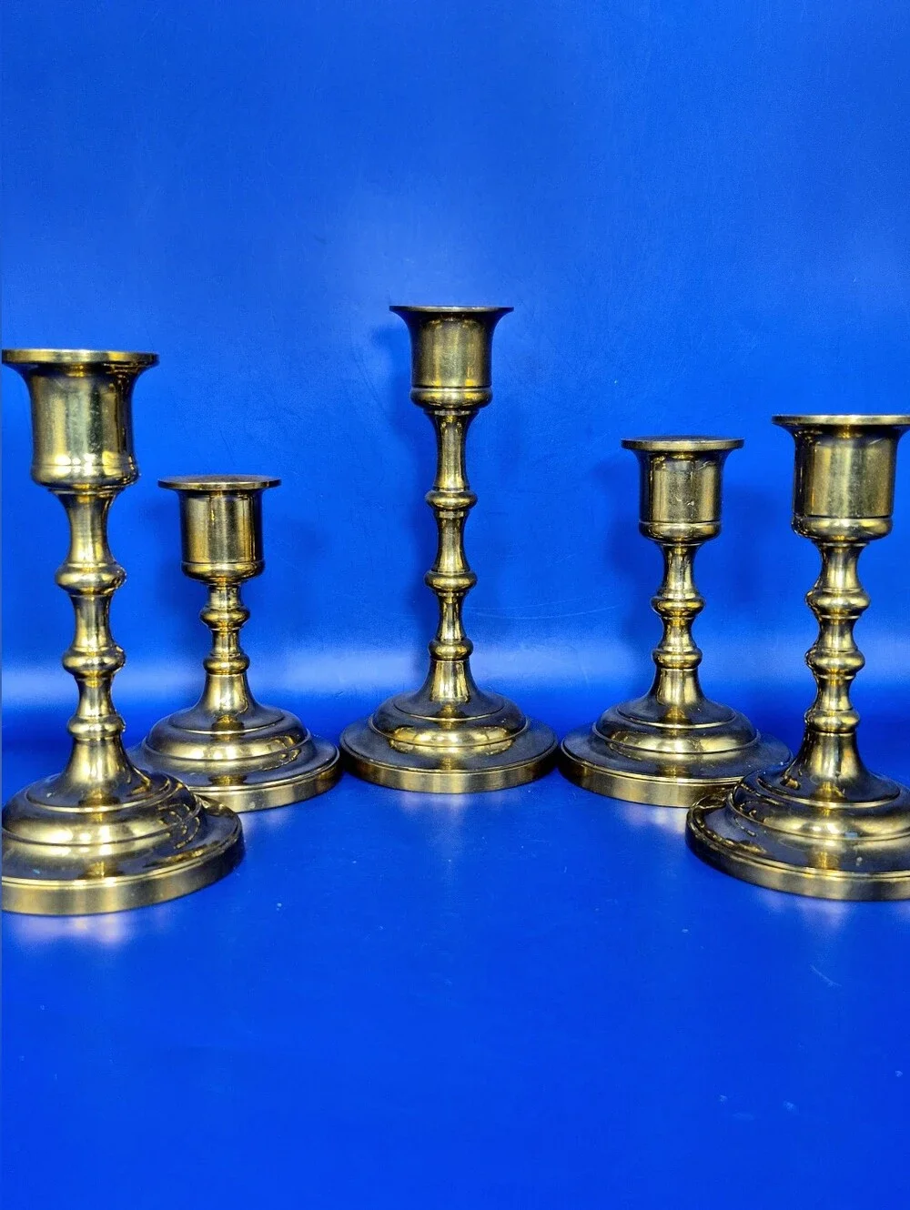 Vintage Solid Brass Graduated Candlestick Holders Set of 5